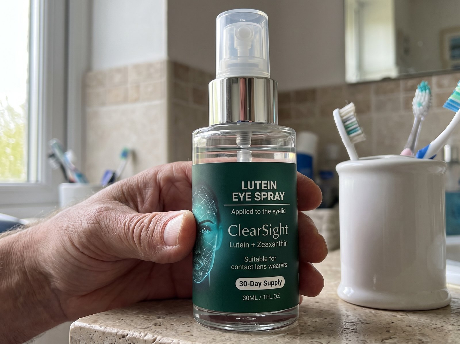 Two sprays to each closed lid, morning and night. Eyes shut, on the outside of the lid — never into an open eye.