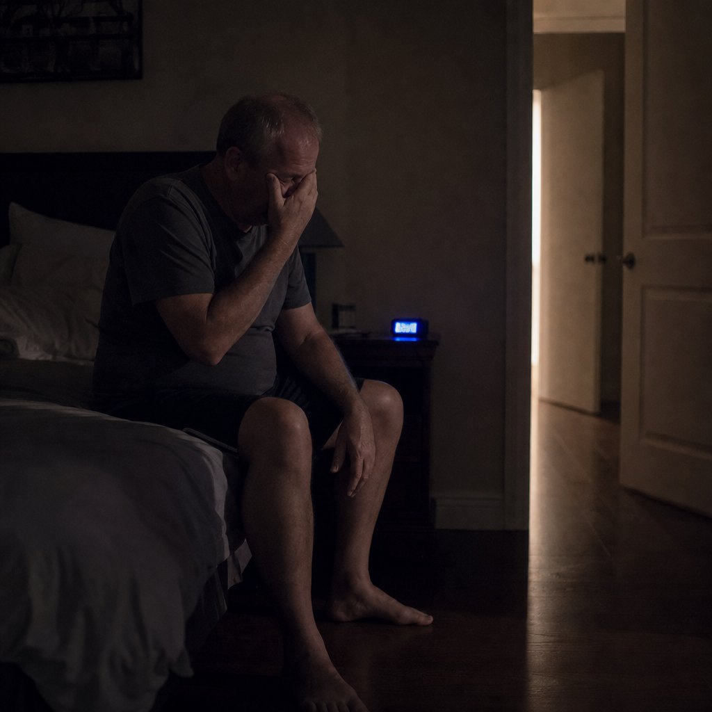 A man in his sixties sitting on the edge of the bed in the middle of the night