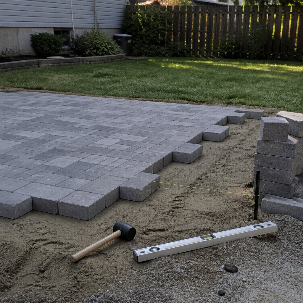A half-finished paver patio with tools left on the ground