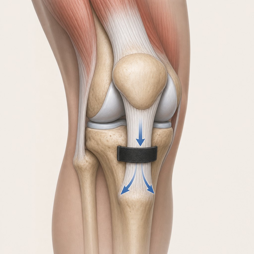 Diagram of the patellar tendon showing where the strap sits, one inch below the kneecap