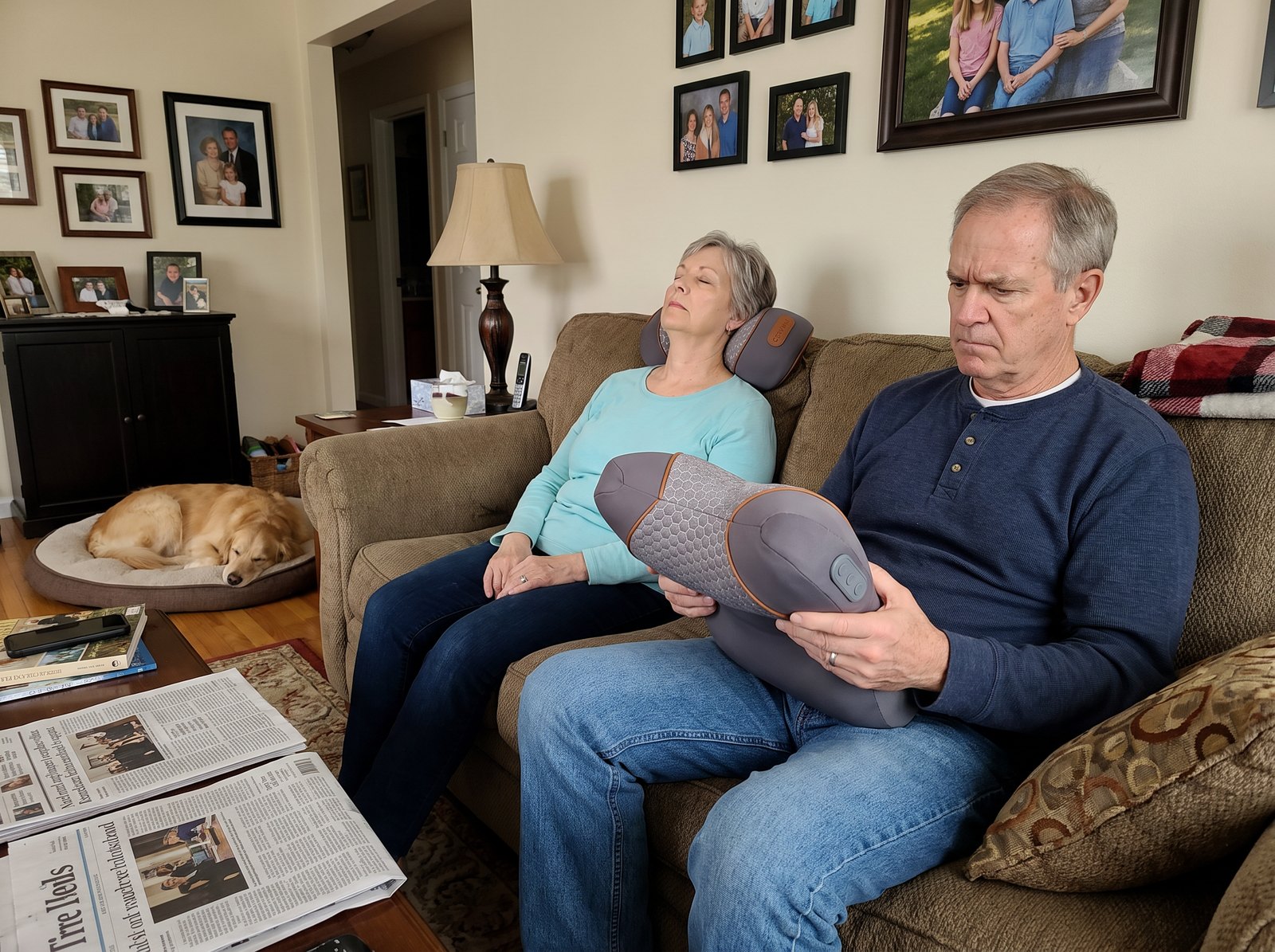 A retired couple on their sofa with two Cervana pillows