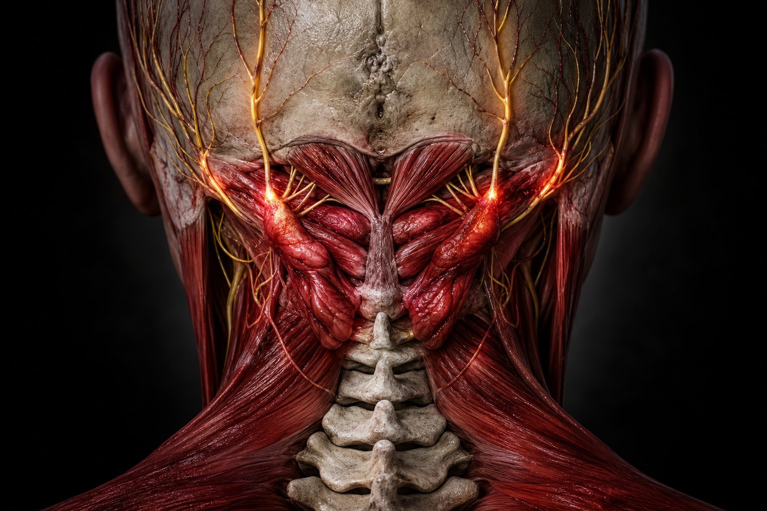 Illustration of knotted muscles at the base of the skull pressing on nerves