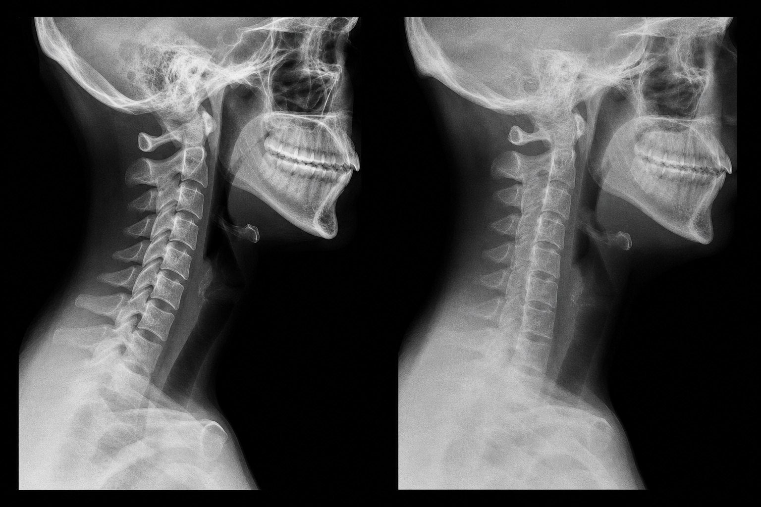 X-rays: a healthy curved neck beside a straightened neck