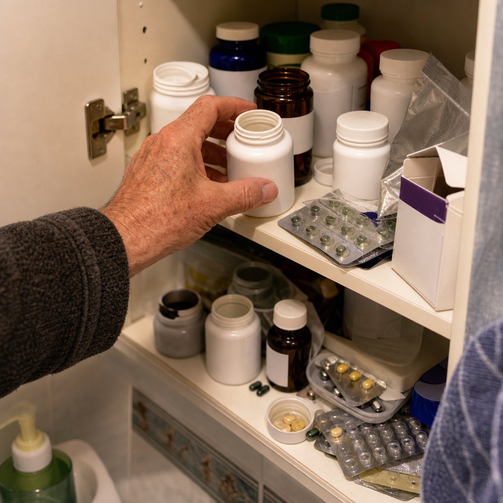 The average cupboard in a household over sixty holds three opened eye supplements and no finished ones.