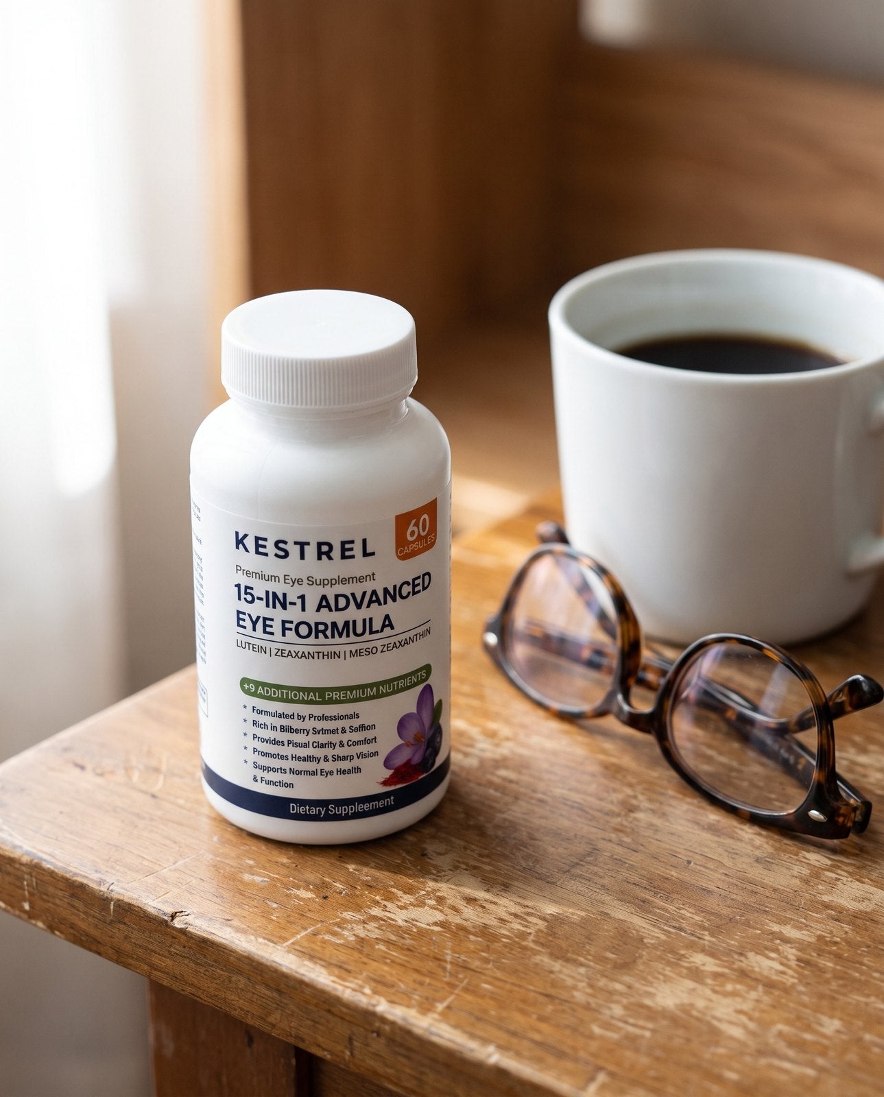One capsule each morning, with food. Sixty in a bottle, which is two months.