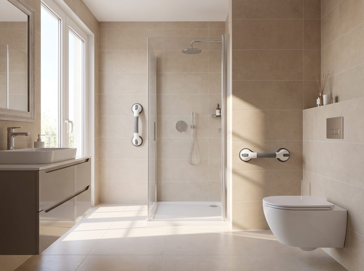 Two Mantle Grip handles mounted beside a shower and a toilet
