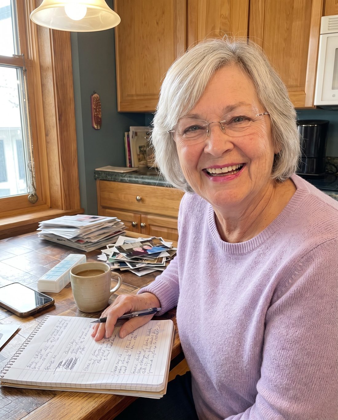 Carol smiling at her kitchen table with her diary