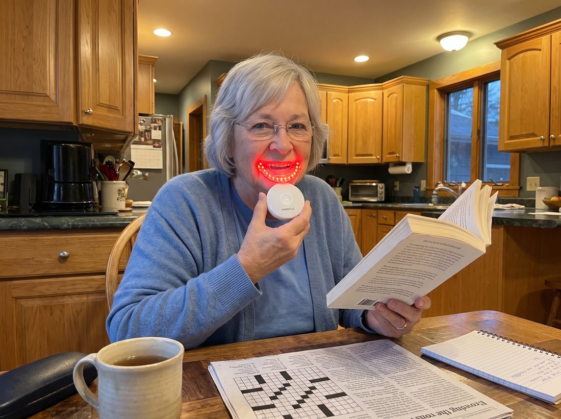 Carol using the GumLight mouthpiece at her kitchen table