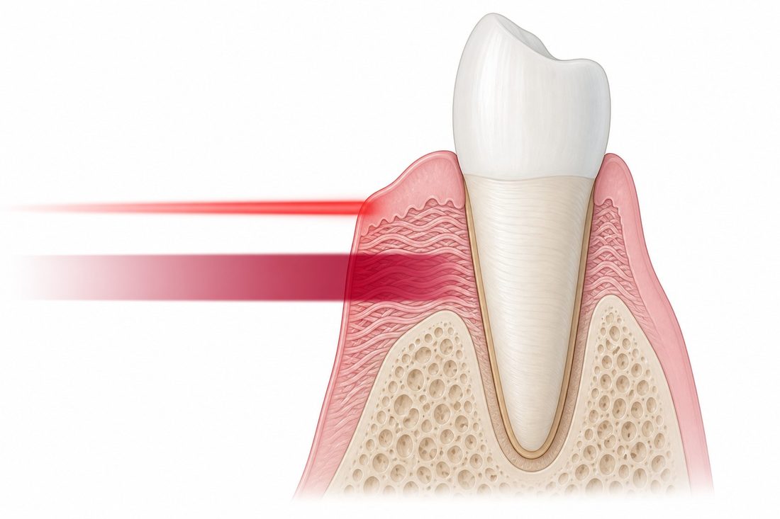 Cross-section of a tooth and gum showing red light at the surface and near-infrared light reaching the deeper collagen layer