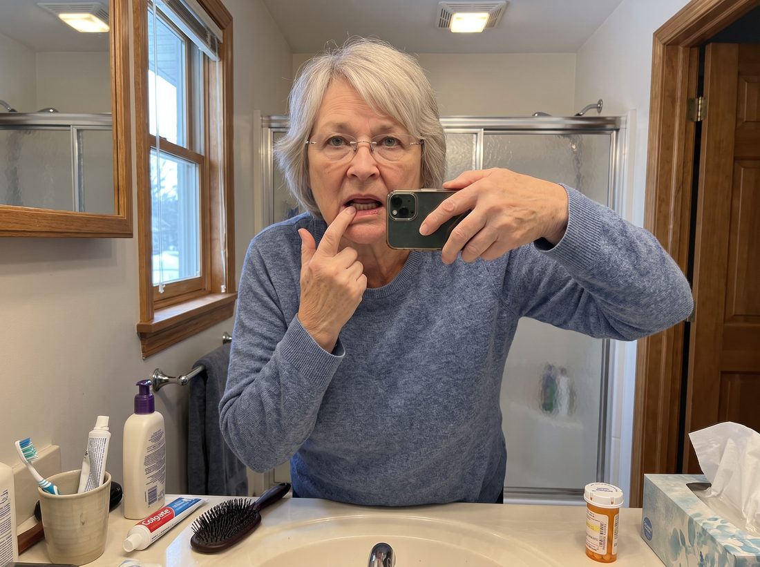 Carol photographing her gum line in her bathroom mirror