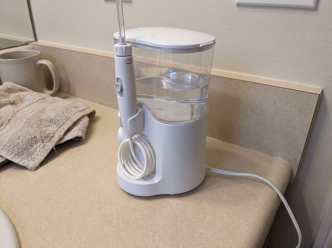 A countertop water flosser