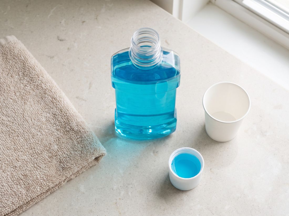 A bottle of blue mouth rinse