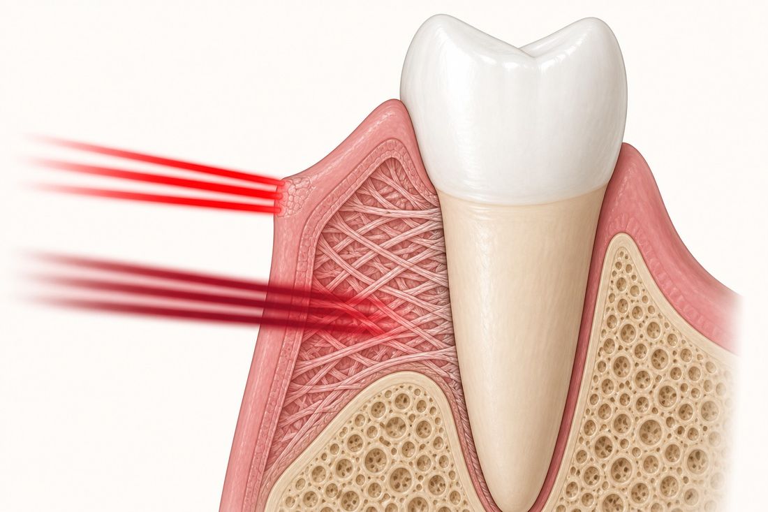 Diagram: red light stops at the gum surface, near-infrared reaches the collagen deeper in the gum