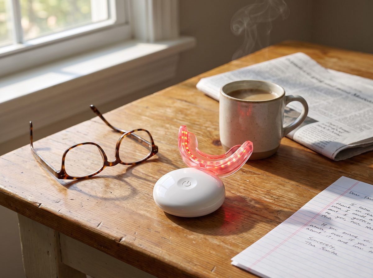 GumLight on its charging base on a kitchen table