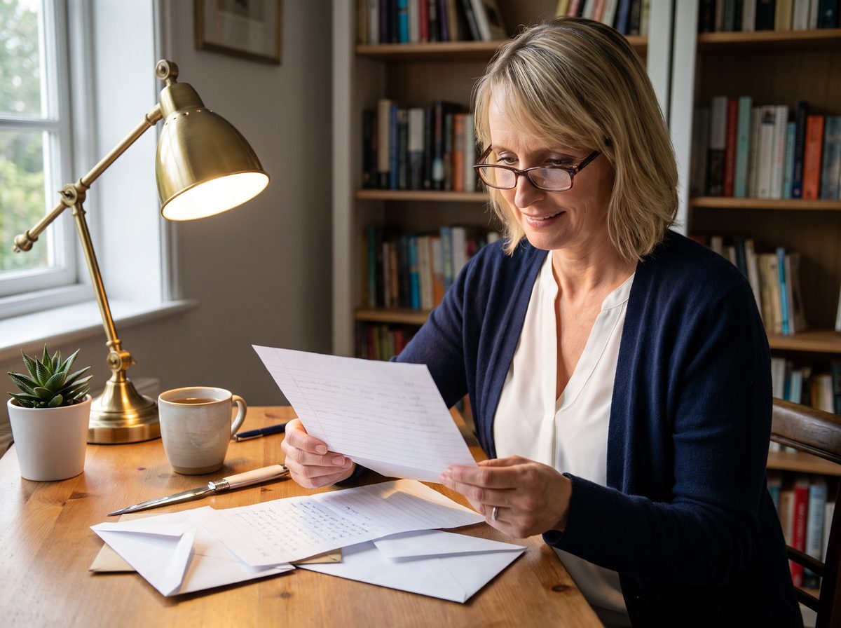 Dr. Elena Matthews reading reader letters at her desk