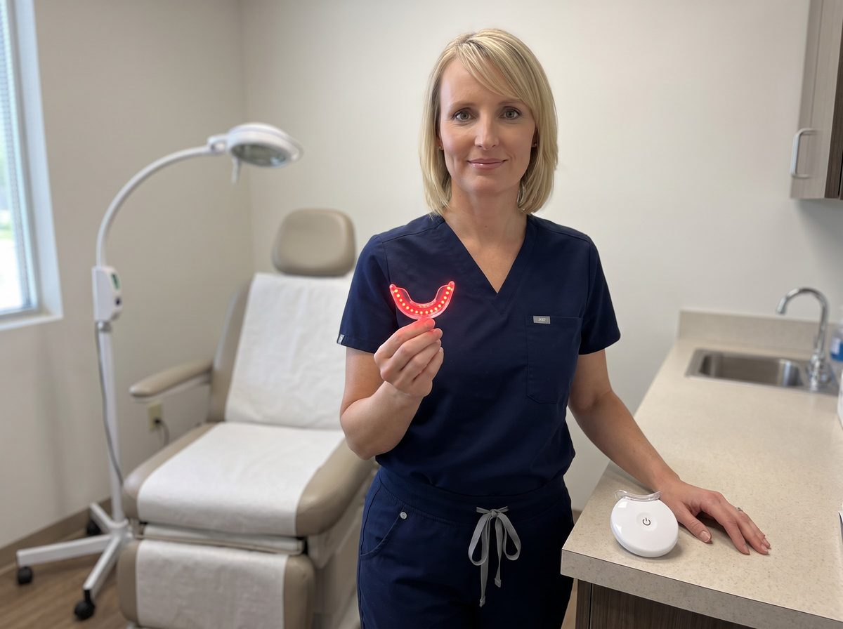 Dr. Elena Matthews holding the GumLight mouthpiece