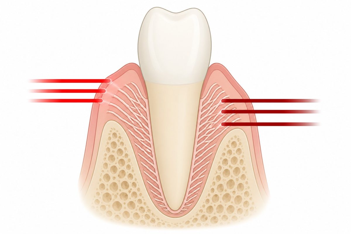 Cross-section of a tooth and gum: red light reaches the surface, near-infrared reaches the collagen layer