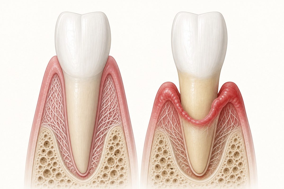 Healthy gum next to a receding gum line