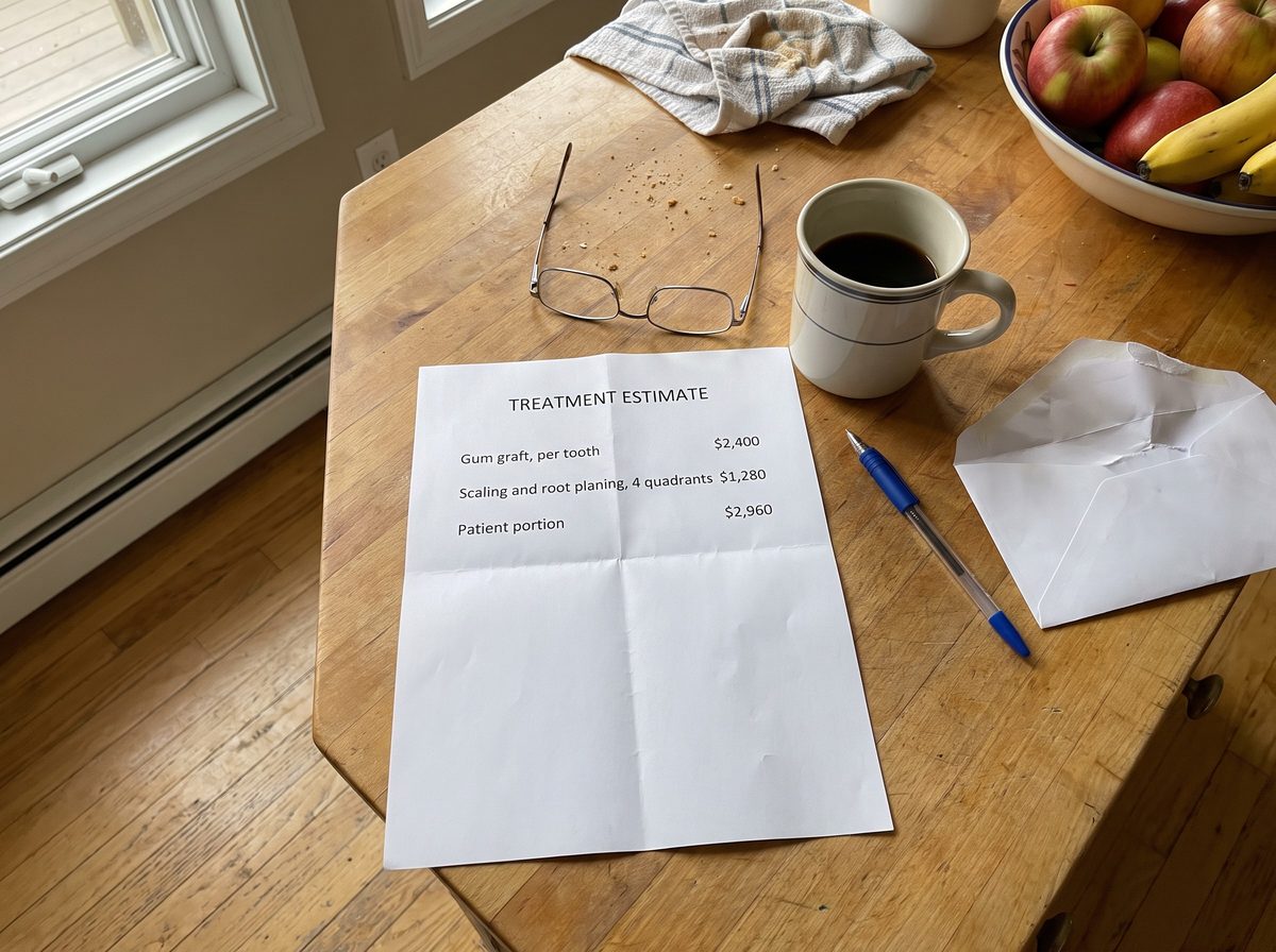 A dental treatment estimate for a gum graft on a kitchen table