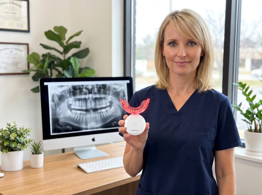 Dr. Elena Matthews holding GumLight in her clinic