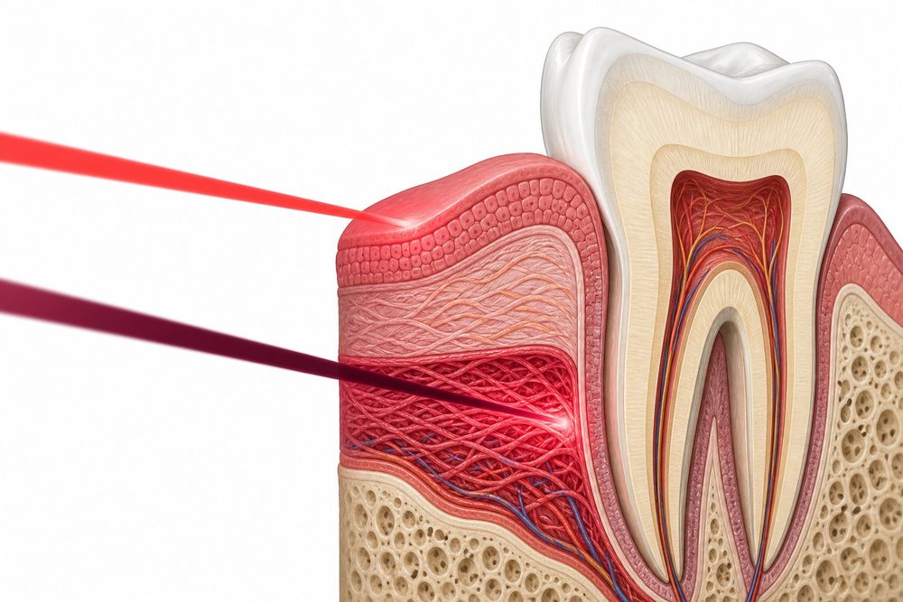 Red light at the gum surface and near-infrared reaching deeper gum tissue